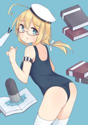 Rule 34 | 10s, 1girl, :o, ahoge, armlet, ass, blonde hair, blue background, blue eyes, blush, book, glasses, hair ribbon, hat, highres, i-8 (kancolle), kantai collection, long hair, one-piece swimsuit, open mouth, red-framed eyewear, ribbon, sailor hat, school swimsuit, seedflare, semi-rimless eyewear, simple background, solo, swimsuit, torpedo, twintails, under-rim eyewear