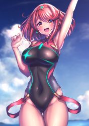 Rule 34 | 1girl, absurdres, black one-piece swimsuit, breasts, chest jewel, competition swimsuit, covered collarbone, covered navel, gem, hakusai (hksicabb), headpiece, highres, large breasts, one-piece swimsuit, pyra (pro swimmer) (xenoblade), pyra (xenoblade), red eyes, red hair, red one-piece swimsuit, ribbed swimsuit, short hair, solo, strapless, strapless one-piece swimsuit, striped clothes, striped one-piece swimsuit, swept bangs, swimsuit, tiara, two-tone swimsuit, vertical-striped clothes, vertical-striped one-piece swimsuit, xenoblade chronicles (series), xenoblade chronicles 2