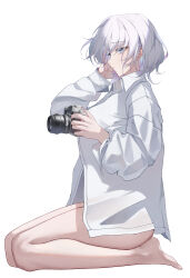 Rule 34 | 1girl, absurdres, adjusting hair, barefoot, blue eyes, camera, closed mouth, collared shirt, commentary, faust (project moon), full body, highres, holding, holding camera, kneeling, limbus company, long sleeves, open clothes, open shirt, project moon, ryo e, shirt, short hair, simple background, solo, white background, white hair, white shirt