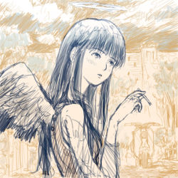 Rule 34 | 1girl, angel, angel wings, artist request, black hair, blush, cigarette, city, cloud, cloudy sky, feathered wings, grey wings, haibane renmei, halo, long hair, motor vehicle, motorcycle, non-web source, reki (haibane), sky, sleeveless, smoking, solo, source request, static cling, tree, wings