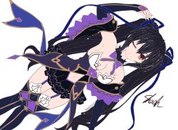 Rule 34 | bare shoulders, black hair, boots, breasts, cleavage, collar, dress, long hair, medium breasts, neptune (series), noire (neptunia), red eyes, ribbon, shaah candidate, skirt, thighs, twintails