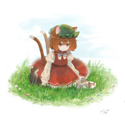 Rule 34 | 1girl, absurdres, amedama ameme, animal ears, bow, bowtie, brown eyes, brown hair, cat, cat ears, cat girl, cat tail, chen, closed mouth, commentary, dress, flower, full body, grass, green hat, hat, highres, juliet sleeves, long sleeves, medium hair, mob cap, multiple cats, multiple tails, puffy sleeves, red dress, shirt, signature, sitting, solo, symbol-only commentary, tail, touhou, two tails, white background, white bow, white bowtie, white shirt