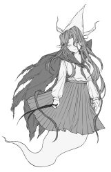 Rule 34 | 1girl, closed mouth, expressionless, eyes visible through hair, ghost tail, gin fragrans, greyscale, hair between eyes, hat, highres, long hair, long sleeves, looking at viewer, mima (touhou), monochrome, neckerchief, pleated skirt, school uniform, serafuku, skirt, solo, touhou, touhou (pc-98)