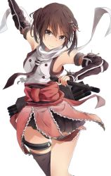 Rule 34 | 10s, 1girl, black thighhighs, blush, brown eyes, brown hair, buttons, fishnets, frills, hair ornament, holding, holding weapon, jenson tw, kantai collection, long hair, miniskirt, necktie, pleated skirt, scarf, sendai (kancolle), sendai kai ni (kancolle), short hair, simple background, single thighhigh, skirt, sky, sleeveless, smile, solo, tassel, thigh gap, thigh strap, thighhighs, torpedo, two side up, weapon, white background