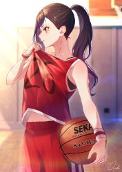 Rule 34 | 1girl, ball, basketball, black bra, bra, brown hair, clothes lift, commentary request, gym uniform, highres, holding, holding ball, midriff, nhrg806, pants, ponytail, project sekai, red pants, red shirt, shiraishi an, shirt, shirt lift, solo, stomach, underwear