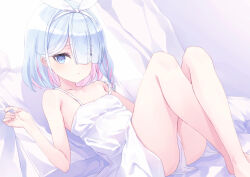 Rule 34 | 1girl, alternate costume, arona (blue archive), ass, bad id, bad twitter id, bare legs, bare shoulders, bed sheet, blue archive, blue eyes, blue hair, braid, breasts, commentary request, crossed ankles, crossed legs, dress, expressionless, hair over one eye, hair ribbon, hairband, hand up, knees up, looking at viewer, lying, medium hair, multicolored hair, on back, pink hair, ribbon, sheet grab, single braid, small breasts, solo, spaghetti strap, staring, two-tone hair, upskirt, usamiusamimii, white dress, white hairband, white ribbon
