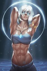 Rule 34 | 1girl, abs, anklet, arm behind head, armlet, atlantean, atlantis: the lost empire, blue eyes, breasts, crop top, dark skin, facial tattoo, glowing, glowing eyes, hair ornament, highres, jewelry, kidagakash, large breasts, loincloth, long hair, minh pham, muscular, muscular female, necklace, solo, tattoo, white hair