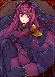 Rule 34 | 1girl, armor, bad id, bad pixiv id, bodysuit, breasts, fate/grand order, fate (series), gae bolg (fate), hair intakes, holding, holding weapon, large breasts, long hair, looking at viewer, pauldrons, pikkumyy, polearm, purple bodysuit, purple hair, red eyes, scathach (fate), shoulder armor, solo, spear, veil, weapon
