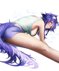 Rule 34 | 1girl, animal ear fluff, animal ears, blush, breasts, highres, large breasts, looking at viewer, looking back, makoto (princess connect!), no bra, princess connect!, princess connect!, purple hair, purple shorts, short hair, shorts, sideboob, simple background, solo, sweat, tail, usagits 00, white background, wolf ears, wolf girl, wolf tail, yellow eyes
