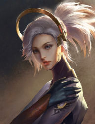 Rule 34 | 1girl, alternate eye color, alternate hair color, armor, black gloves, bodysuit, emblem, freckles, gloves, grey eyes, halo, hand on own shoulder, headgear, high collar, lips, looking at viewer, mechanical halo, mercy (overwatch), overwatch, overwatch 1, parted lips, pink lips, ponytail, short hair, silver hair, solo, turtleneck, upper body, wang chen, wing print