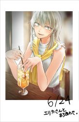 Rule 34 | 10s, 1girl, absurdres, belt, blue eyes, blurry, casual, chair, comic, commentary request, dated, depth of field, girls und panzer, glass, grey hair, highres, itsumi erika, kani aruki (bucket crawl), long hair, open mouth, photo (object), polaroid, scarf, shirt, sidelocks, sitting, sleeveless, sleeveless shirt, smile, solo, stirring, table, translation request