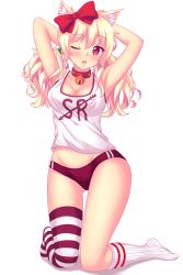 Rule 34 | 1girl, animal collar, animal ear fluff, animal ears, armpits, arms behind head, arms up, asymmetrical legwear, bell, blonde hair, blush, bow, breasts, buruma, cat ears, cat girl, chestnut mouth, cleavage, collar, collarbone, covered erect nipples, eyebrows, eyelashes, gluteal fold, groin, hair between eyes, hair bobbles, hair bow, hair ornament, highres, kneeling, long hair, looking at viewer, low twintails, midriff, mismatched legwear, naala, neck bell, nottytiffy, one eye closed, open mouth, original, red eyes, round teeth, shirt, simple background, slit pupils, solo, striped clothes, striped thighhighs, tank top, tareme, taut clothes, taut shirt, teeth, thighhighs, thighs, tiffy (nottytiffy), tube socks, twintails, uneven legwear, wavy hair, white background