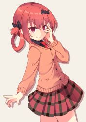Rule 34 | 10s, 1girl, bat hair ornament, black ribbon, cardigan, checkered clothes, checkered skirt, cowboy shot, cross print, fang, gabriel dropout, hair ornament, hair ribbon, hair rings, hand on own face, highres, looking at viewer, necktie, pleated skirt, red eyes, red hair, red necktie, ribbon, satanichia kurumizawa mcdowell, skirt, smile, solo, standing