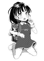 Rule 34 | 1girl, backpack, bag, barefoot, blush, bow, commentary, dot nose, dress, flat chest, fukuyama mai, greyscale, hair bow, hand up, highres, holding, holding stuffed toy, idolmaster, idolmaster cinderella girls, kereno, kneeling, long hair, looking at viewer, monochrome, on bed, open mouth, polka dot, polka dot dress, ponytail, randoseru, short sleeves, solo, stuffed animal, stuffed toy, sweat, teddy bear, thighs, w, white background