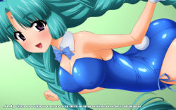 Rule 34 | 1girl, aqua hair, ass, blue leotard, blush, braid, breasts, calendar, canal vorfeed, cleavage, collarbone, covered erect nipples, cowboy shot, detached collar, detached sleeves, facial mark, forehead mark, from side, green background, green hair, highres, july, large breasts, leotard, long hair, looking at viewer, lost universe, purple eyes, rabbit girl, rabbit tail, shiny clothes, shiny skin, simple background, smile, solo, sugimura tomokazu, tail, twin braids, wallpaper