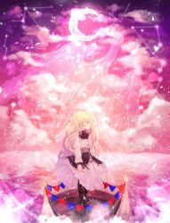 Rule 34 | 1girl, bad id, bad twitter id, blonde hair, cloud, constellation, crescent, crescent moon, dress, hissflower, holding, holding weapon, lisette (pocket mirror), long hair, looking to the side, moon, multicolored background, pale skin, pink background, pocket mirror, purple background, purple eyes, scissors, sky, star (sky), starry sky, weapon