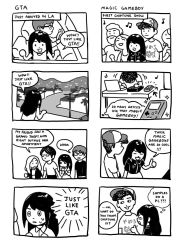 Rule 34 | 4girls, 4koma, 5boys, artist self-insert, baseball cap, beard, black hair, car, cardigan, cellphone, chiptune, clothes writing, comic, computer, concert, curly hair, dancing, dress, driving, embarrassed, english text, facial hair, game boy, game boy (original), glasses, grand theft auto, greyscale, handheld game console, hat, highres, laptop, monochrome, motor vehicle, multiple boys, multiple girls, musical note, original, palm tree, phone, shirt, skirt, surprised, sweatdrop, t-shirt, theft, thumbs up, tree, utility pole, viibean, wide-eyed