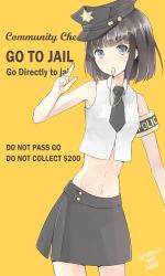 Rule 34 | 1girl, armband, bad id, bad pixiv id, bare shoulders, black hair, blue eyes, board game, english text, hat, highres, midriff, monopoly, navel, necktie, original, pointing, police hat, retorillo, short hair, skirt, whistle