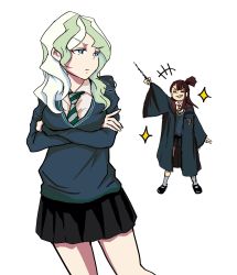 Rule 34 | 2girls, annoyed, by07070721, closed eyes, crossed arms, crossover, diana cavendish, harry potter (series), highres, hogwarts school uniform, holding, holding wand, hooded robe, kagari atsuko, little witch academia, multiple girls, parody, robe, school uniform, smile, star (symbol), wand, wizarding world