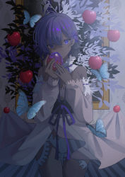 Rule 34 | 1girl, absurdres, apple, bare shoulders, bug, butterfly, commentary request, cowboy shot, dark-skinned female, dark skin, dress, fate/grand order, fate (series), food, fruit, hair ornament, hassan of serenity (fate), hassan of serenity (lostroom outfit) (fate), highres, hirakana, insect, long sleeves, looking at viewer, panties, parted lips, purple eyes, purple hair, solo, thighs, underwear, white panties