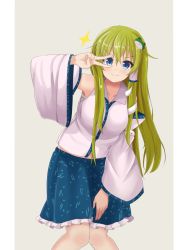 Rule 34 | &gt;:), 1girl, arm up, bare shoulders, blue skirt, blush, breasts, collarbone, commentary request, detached sleeves, feet out of frame, frog hair ornament, green eyes, green hair, grey background, hair between eyes, hair ornament, hair tubes, knees together feet apart, kochiya sanae, long hair, long sleeves, looking at viewer, medium breasts, midriff peek, miniskirt, petticoat, remiria100, sarashi, shirt, sidelocks, simple background, skirt, smile, snake hair ornament, solo, sparkle, standing, touhou, v-shaped eyebrows, v over eye, white shirt, wide sleeves