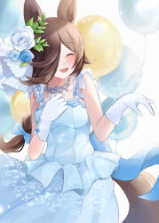 Rule 34 | 1girl, absurdres, animal ears, blue bow, blue flower, blue rose, bow, braid, bride, brown hair, closed eyes, coco (coco rr), collarbone, commentary request, dress, flower, gloves, hair flower, hair ornament, hair over one eye, highres, horse ears, horse girl, horse tail, long hair, official alternate costume, open mouth, petals, rice shower (longed-for scenery) (umamusume), rice shower (umamusume), rose, sleeveless, smile, solo, tail, umamusume, wedding dress, white flower, white gloves, white rose