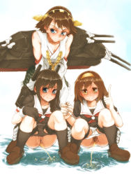 Rule 34 | arimura yuu, blue eyes, brown hair, cleft of venus, hiei (kancolle), holding hands, kantai collection, looking at viewer, multiple girls, panties, panty pull, peeing, pointing, pointing up, pubic hair, pussy, school uniform, shigure (kancolle), shiratsuyu (kancolle), squatting, uncensored, underwear, water, yellow eyes