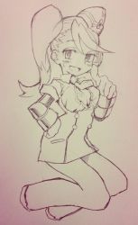 Rule 34 | 1girl, call (mighty no. 9), call e, gradient background, hat, kotoyama, mighty no. 9, monochrome, side ponytail, sketch, solo, traditional media
