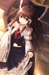 Rule 34 | 1girl, 7saki, absurdres, alternate color, ascot, bad id, bad pixiv id, black bow, blurry, blurry background, bow, breasts, brown eyes, brown hair, clothes lift, cowboy shot, detached sleeves, dutch angle, finger to mouth, frilled bow, frilled shirt collar, frills, grin, hair between eyes, hair bow, hair tubes, hakurei reimu, highres, lifted by self, long hair, looking at viewer, midriff, navel, petticoat, red ascot, ribbon-trimmed sleeves, ribbon trim, sarashi, sidelocks, skirt, skirt lift, small breasts, smile, solo, standing, touhou, wide sleeves