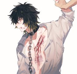 Rule 34 | 1boy, absurdres, arm up, black hair, bleeding, blood, brown hair, bruise, chain, collar, cuts, highres, holding another&#039;s arm, injury, male focus, medium hair, messy hair, nocolour, scar, scar on arm, scar on chest, scar on face, scar on mouth, shirt, simple background, slow damage, towa (slow damage), upper body, white background, white shirt, yellow eyes