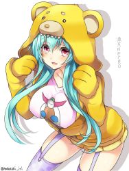 Rule 34 | 1girl, animal hood, aqua hair, blue hair, breasts, garter straps, hood, hougyou ilia, long hair, looking at viewer, open mouth, red eyes, simple background, solo, takatsuki ichi, thighhighs, tokyo necro, twitter username, white background, white thighhighs, zipper