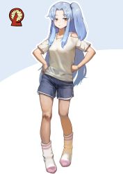 Rule 34 | 1girl, :/, absurdres, angela (project moon), blue hair, blush, closed mouth, clothing cutout, collarbone, dugnul, half-closed eyes, hands on own hips, highres, light blue hair, lobotomy corporation, long hair, outline, ponytail, project moon, shoulder cutout, side ponytail, socks, solo, very long hair, white outline, white socks, yellow eyes