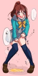 Rule 34 | 1girl, aqua shirt, azukilib, blue thighhighs, blush, borrowed character, bow, bowtie, brown footwear, brown hair, embarrassed, female focus, full body, grey skirt, have to pee, japanese text, long sleeves, miniskirt, open mouth, orange bow, orange bowtie, orange eyes, original, peeing, peeing self, pigeon-toed, pink background, pleated skirt, ponytail, puddle, shirt, shoes, simple background, skirt, solo, speech bubble, standing, steam, sweat, tears, thighhighs, translation request, trembling, wet, wet clothes, wide-eyed