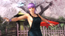 Rule 34 | 1girl, 3d, ayane (doa), breasts, dead or alive, dead or alive 5, female focus, highres, large breasts, naked overalls, nature, no bra, official art, official wallpaper, outdoors, overalls, plant, purple hair, solo, tecmo, tree, wallpaper