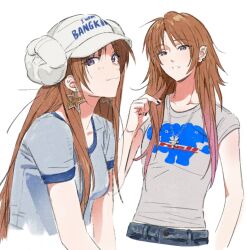 1girl alternate_costume alternate_hairstyle casual denim earrings grey_shirt hair_down hat hibike!_euphonium highres holding holding_own_hair jeans jewelry long_hair looking_at_viewer nakagawa_natsuki necklace orange_hair pants print_shirt purple_eyes q_(404_nonq) shirt short_sleeves smile star_(symbol) star_earrings t-shirt upper_body