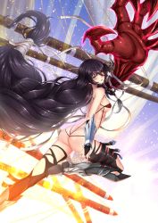 Rule 34 | 1girl, adsouto, ass, back, black hair, blush, bottomless, breasts, butt crack, fingerless gloves, gloves, highres, long hair, looking back, namco, shiny skin, sideboob, solo, tales of (series), tales of berseria, thighhighs, torn clothes, torn thighhighs, velvet crowe, very long hair, yellow eyes