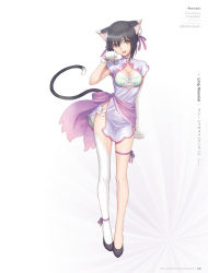 Rule 34 | 10s, 1girl, :d, animal ears, ankle ribbon, arched back, artist name, asymmetrical legwear, black hair, blade arcus from shining, bra, breasts, brown eyes, cat ears, cat girl, cat tail, character name, china dress, chinese clothes, cleavage, cleavage cutout, clothing cutout, copyright name, dress, framed breasts, full body, gloves, green bra, hair between eyes, hair bun, hair ribbon, high collar, highres, leg ribbon, lin xiaomei, looking at viewer, medium breasts, open mouth, panties, paw pose, purple ribbon, ribbon, shaomei rin, shining (series), shining blade, shining hearts, short hair, side-tie panties, simple background, smile, solo, standing, tail, thigh ribbon, thighhighs, tony taka, underwear, uneven legwear, white background, white gloves, white panties, white thighhighs