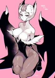 Rule 34 | 1girl, bare shoulders, breasts, capcom, cleavage, collarbone, demon girl, demon wings, greyscale, greyscale with colored background, highres, kneeling, large breasts, leotard, lilith aensland, looking at viewer, monochrome, pantyhose, pink background, short hair, simple background, solo, takatsuki ichi, vampire (game), wings