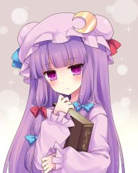 Rule 34 | 1girl, bad id, bad pixiv id, blush, book, bow, hair bow, hair ribbon, hat, holding, holding book, long hair, looking at viewer, mob cap, hugging object, patchouli knowledge, purple eyes, purple hair, ribbon, solo, touhou, tsukikage nemu