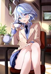 Rule 34 | 1girl, :d, ahoge, alternate costume, blue eyes, blue hair, blue necktie, blue skirt, blush, chair, commentary request, contemporary, cup, feet out of frame, furina (genshin impact), genshin impact, hair intakes, hand up, highres, holding, holding cup, hyurasan, indoors, long sleeves, looking at viewer, miniskirt, necktie, open mouth, plant, potted plant, short hair, sitting, skirt, smile, solo, teacup, teapot, thighs