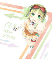 Rule 34 | 1girl, :d, blush, character name, goggles, goggles on head, green hair, gumi, happy birthday, headset, holding, microphone, musical note, open mouth, outstretched arm, red-tinted eyewear, smile, solo, symbol-shaped pupils, thigh strap, tinted eyewear, tsuruki noki, vocaloid