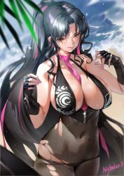 Rule 34 | 1girl, :p, artist name, bad id, bad pixiv id, bare shoulders, between breasts, bikini, black bikini, black hair, blush, bodystocking, breasts, cleavage, closed mouth, collarbone, covered navel, cowboy shot, day, elbow gloves, facial mark, fate/grand order, fate (series), fingerless gloves, forehead mark, glint, gloves, large breasts, long hair, looking at viewer, multicolored hair, nail polish, nicholas f, outdoors, parted bangs, pink nails, ponytail, purple hair, sessyoin kiara, sessyoin kiara (swimsuit mooncancer), sidelocks, skin tight, smile, solo, streaked hair, swimsuit, tongue, tongue out, two-tone hair, very long hair, water, yellow eyes