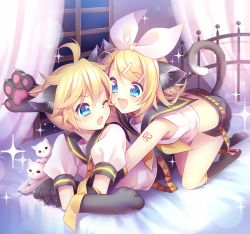 Rule 34 | 1boy, 1girl, ahoge, all fours, animal ears, animal hands, bed, bed sheet, blonde hair, blue eyes, brother and sister, cat, cat ears, claws, curtains, fang, hair ornament, hair ribbon, hairclip, hetero, hug, hug from behind, indoors, kagamine len, kagamine rin, kemonomimi mode, lying, masaru.jp, necktie, number tattoo, on stomach, one eye closed, ribbon, sailor collar, short hair, shorts, shoulder tattoo, siblings, tail, tattoo, twins, vocaloid, white cat, window, wink, yellow necktie
