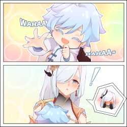 Rule 34 | 1boy, 1girl, 2koma, :d, ^ ^, aged down, ahoge, aqua hair, aunt and nephew, baby, blush, chongyun (genshin impact), closed eyes, colored eyelashes, comic, commentary, earrings, english commentary, full-face blush, genshin impact, grey eyes, grey hair, hafuku, hair between eyes, hair ornament, hand on own face, highres, jewelry, long hair, looking at another, open mouth, parted lips, shenhe (genshin impact), short hair, sidelocks, smile, spoken character