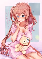 Rule 34 | 1girl, blue eyes, breasts, brown hair, cleavage, collarbone, commentary request, gaijuu, hair between eyes, highres, kantai collection, large breasts, nightgown, pink nightgown, ponytail, saratoga (kancolle), side ponytail, sidelocks, sitting, sleepwear, solo, stuffed animal, stuffed toy, teddy bear, translation request, yokozuwari