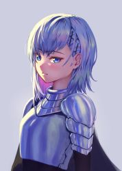 Rule 34 | 1girl, armor, blue eyes, breasts, copyright request, grey background, hair ornament, looking at viewer, medium hair, nzz, plate armor, silver hair, simple background, small breasts, solo, upper body, x hair ornament