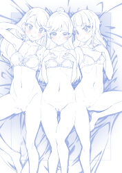 Rule 34 | 3girls, alternate hairstyle, barefoot, bed sheet, blue theme, blush, bottomless, bow, bow bra, bra, breasts, censored, cleavage, cleft of venus, closed mouth, commentary, cut bangs, flat chest, foot up, frilled bra, frills, from above, grin, hair bun, hair down, hand in own hair, hand on own chest, hands on own chest, highres, hijiri ageha, hirogaru sky! precure, long hair, looking at viewer, lying, medium breasts, miyagoe yoshitsuki, monochrome, multiple girls, navel, nijigaoka mashiro, on back, on bed, precure, pussy, side-by-side, small breasts, smile, sora harewataru, spot color, swept bangs, thigh gap, underwear, underwear only
