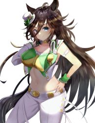 Rule 34 | 1girl, absurdres, ahoge, animal ears, arm strap, blue eyes, breasts, brown hair, choker, commentary request, cowboy shot, crop top, green shirt, hair between eyes, hair ornament, hairclip, hand on own hip, hat, highres, horse ears, jacket, large breasts, long hair, long sleeves, looking at viewer, midriff, mini hat, mini top hat, mr. c.b. (umamusume), navel, open clothes, open jacket, pants, shirt, simple background, single sleeve, smile, solo, standing, stomach, strapless, strapless shirt, taguchi yuu, thighs, top hat, umamusume, very long hair, white background, white hat, white jacket, white pants, wrist cuffs, yellow choker