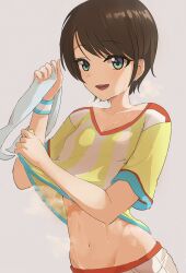 Rule 34 | 1girl, agoberos, aqua eyes, breasts, brown hair, clothes lift, collarbone, grey background, hand up, highres, holding, holding towel, hololive, lifting own clothes, looking at viewer, navel, oozora subaru, oozora subaru (1st costume), open mouth, shirt, shirt lift, short hair, short sleeves, shorts, simple background, small breasts, solo, steaming body, stomach, striped clothes, striped shirt, sweat, sweatdrop, swept bangs, teeth, towel, upper body, upper teeth only, vertical-striped clothes, vertical-striped shirt, virtual youtuber, white shorts, wristband