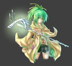Rule 34 | 1girl, bad id, bad pixiv id, black background, collarbone, crystal, duel monster, green eyes, green hair, hair ornament, highres, jacket, kan (zwssg), long hair, looking at viewer, matching hair/eyes, ponytail, ribbon, simple background, skirt, solo, staff, wynn the wind charmer, yu-gi-oh!